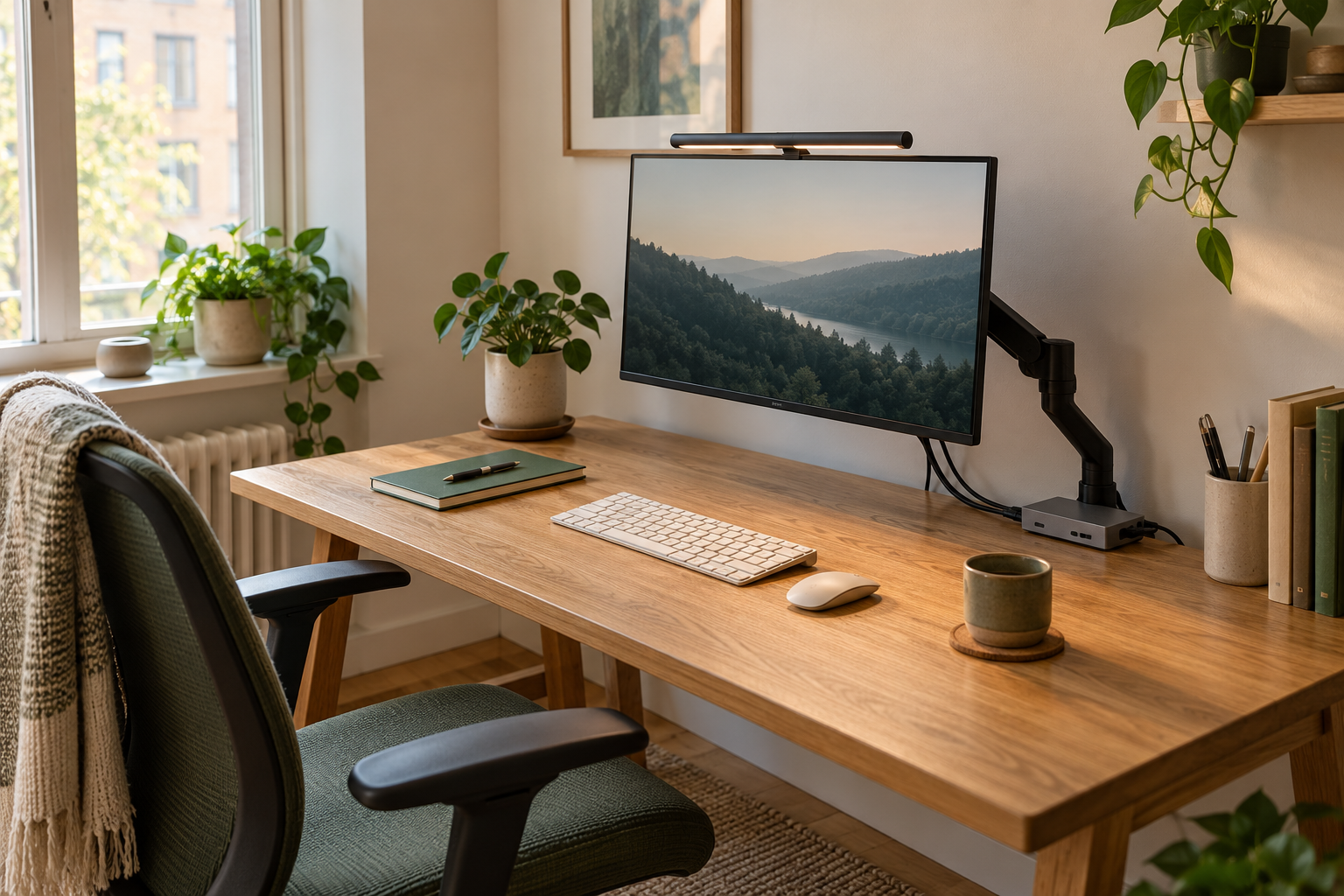 A compact wood desk with a monitor arm, light bar, keyboard, and neat cable routing